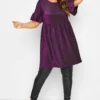 YOURS Curve Purple Glitter Frill Sleeve Smock Dress
