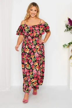 YOURS LONDON Curve Black Floral Bardot Ruffle Maxi Dress