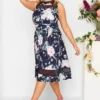 YOURS LONDON Curve Navy Blue & Pink Floral Mesh Panel Skater Dress