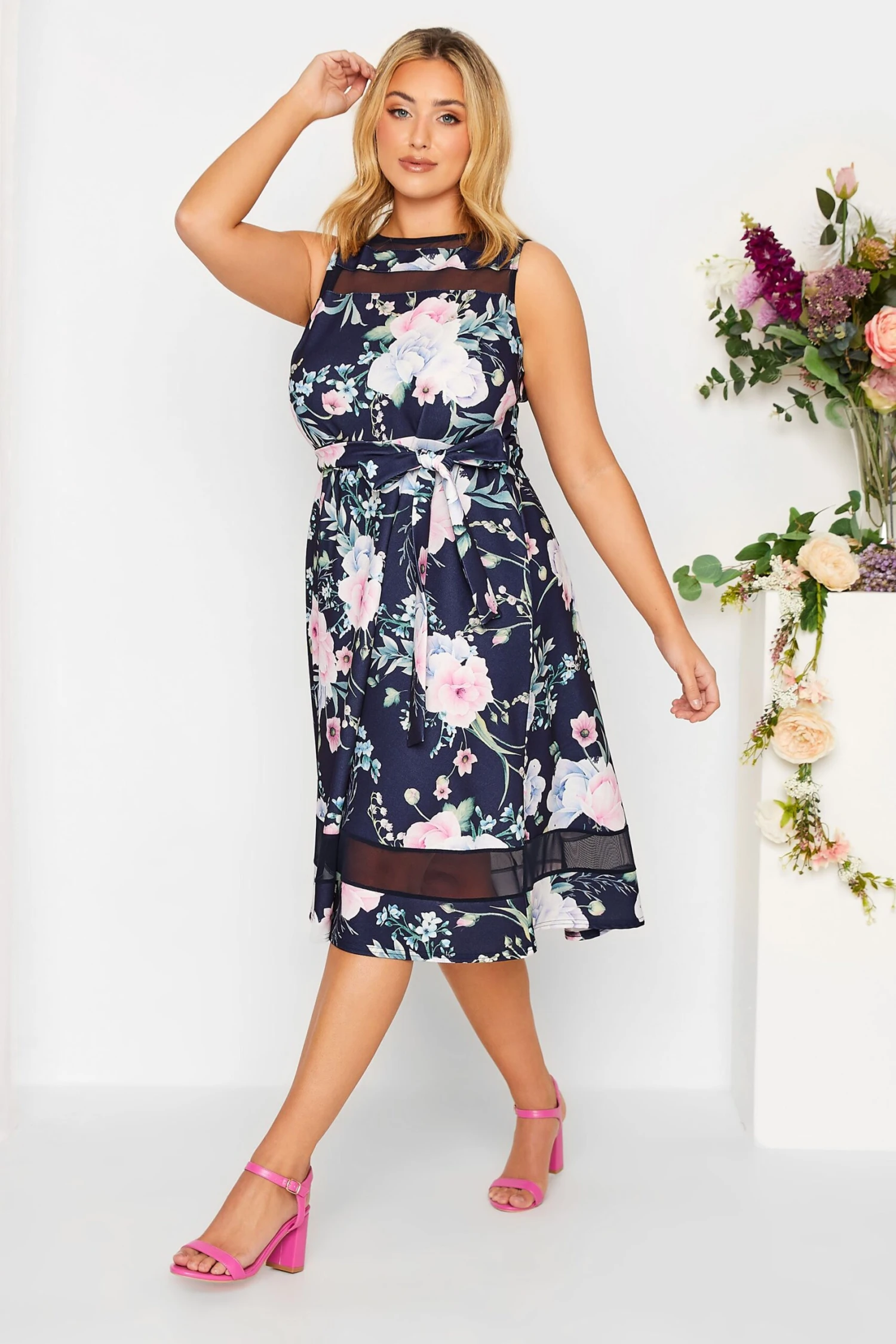 YOURS LONDON Curve Navy Blue & Pink Floral Mesh Panel Skater Dress 1 YOURS LONDON Curve Navy Blue & Pink Floral Mesh Panel Skater Dress