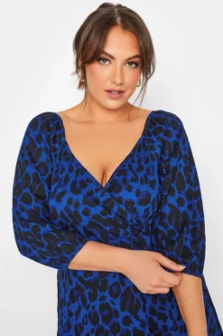 LIMITED COLLECTION Curve Navy Blue Leopard Print Wrap Milkmaid Dress -Outlet Stylo Wise Store ec09a49e b89b 44 214470 D scaled