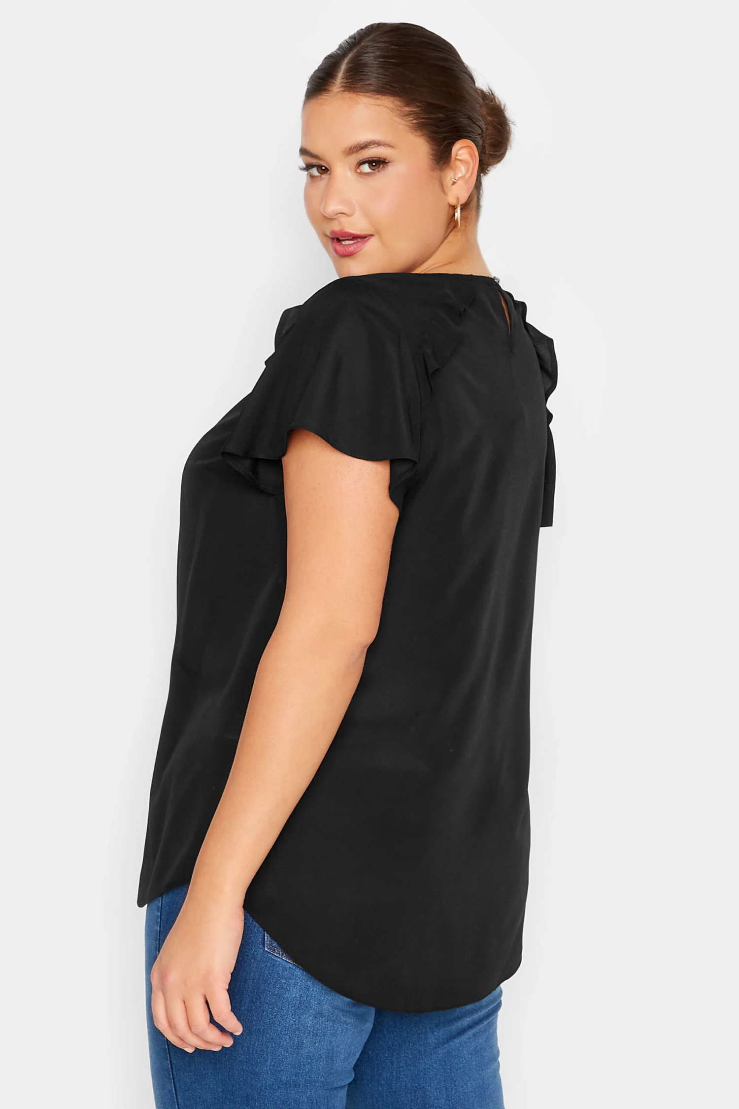 YOURS Curve Black Frill Short Sleeve Blouse 2 YOURS Curve Black Frill Short Sleeve Blouse - Image 2