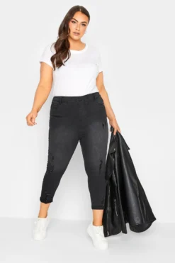 YOURS Curve Washed Black Cropped Stretch Ripped GRACE Jeggings