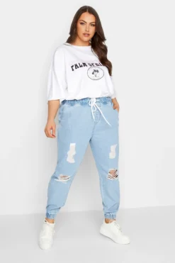 YOURS Curve Bleach Blue Ripped Jogger Jeans
