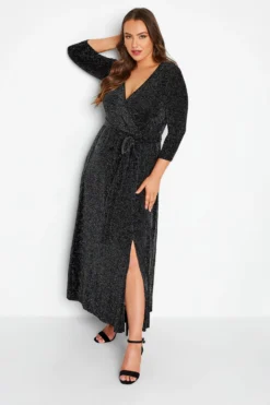 YOURS LONDON Curve Black & Silver Glitter Wrap Dress