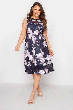YOURS LONDON Curve Navy Blue Floral Mesh Panel Skater Dress
