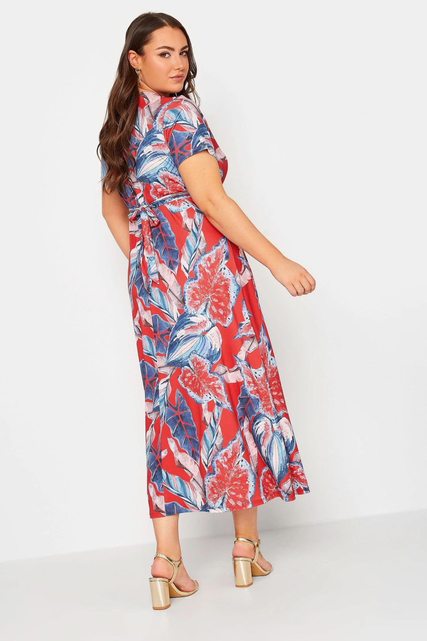 YOURS Curve Red Leaf Print Maxi Wrap Dress 2 YOURS Curve Red Leaf Print Maxi Wrap Dress - Image 2