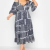 LIMITED COLLECTION Curve Navy Blue Patchwork Print Cold Shoulder Dress