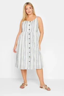 YOURS Curve White Stripe Button Lined Strappy Sundress