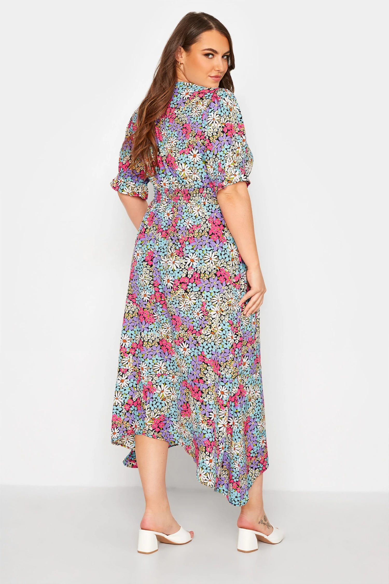 LIMITED COLLECTION Curve Pink & Blue Ditsy Print Hanky Hem Midi Dress 2 LIMITED COLLECTION Curve Pink & Blue Ditsy Print Hanky Hem Midi Dress - Image 2