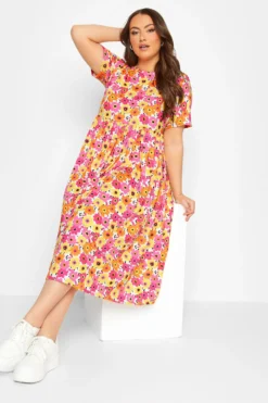 YOURS Curve Pink & Yellow Floral Midi Smock Dress