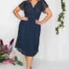 YOURS LONDON Curve Navy Blue Lace Wrap Pleated Midi Dress