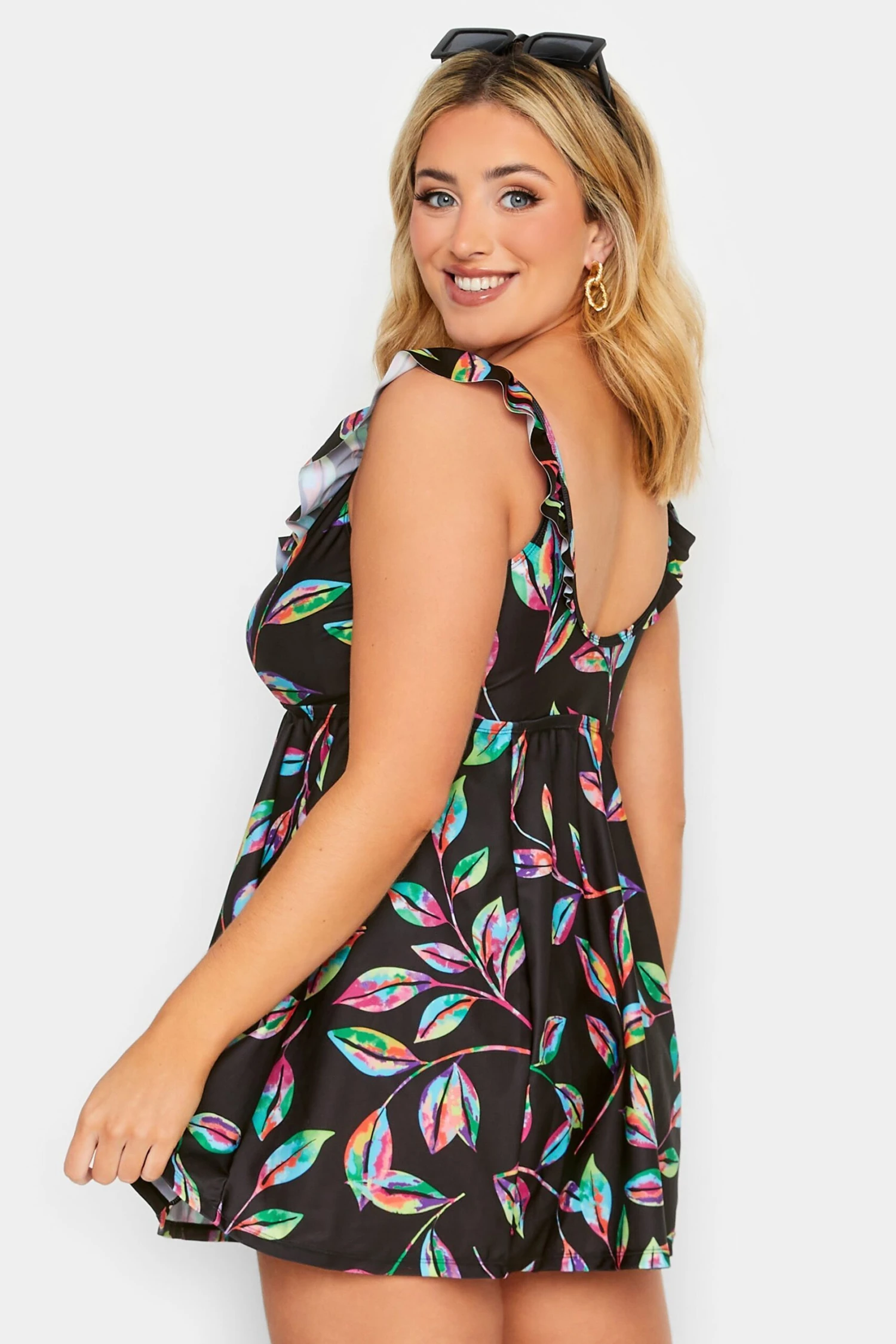 YOURS Curve Black Tropical Print Frill Swimdress 1 YOURS Curve Black Tropical Print Frill Swimdress
