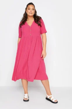 LIMITED COLLECTION Curve Hot Pink Ribbed Peplum Midi Dress