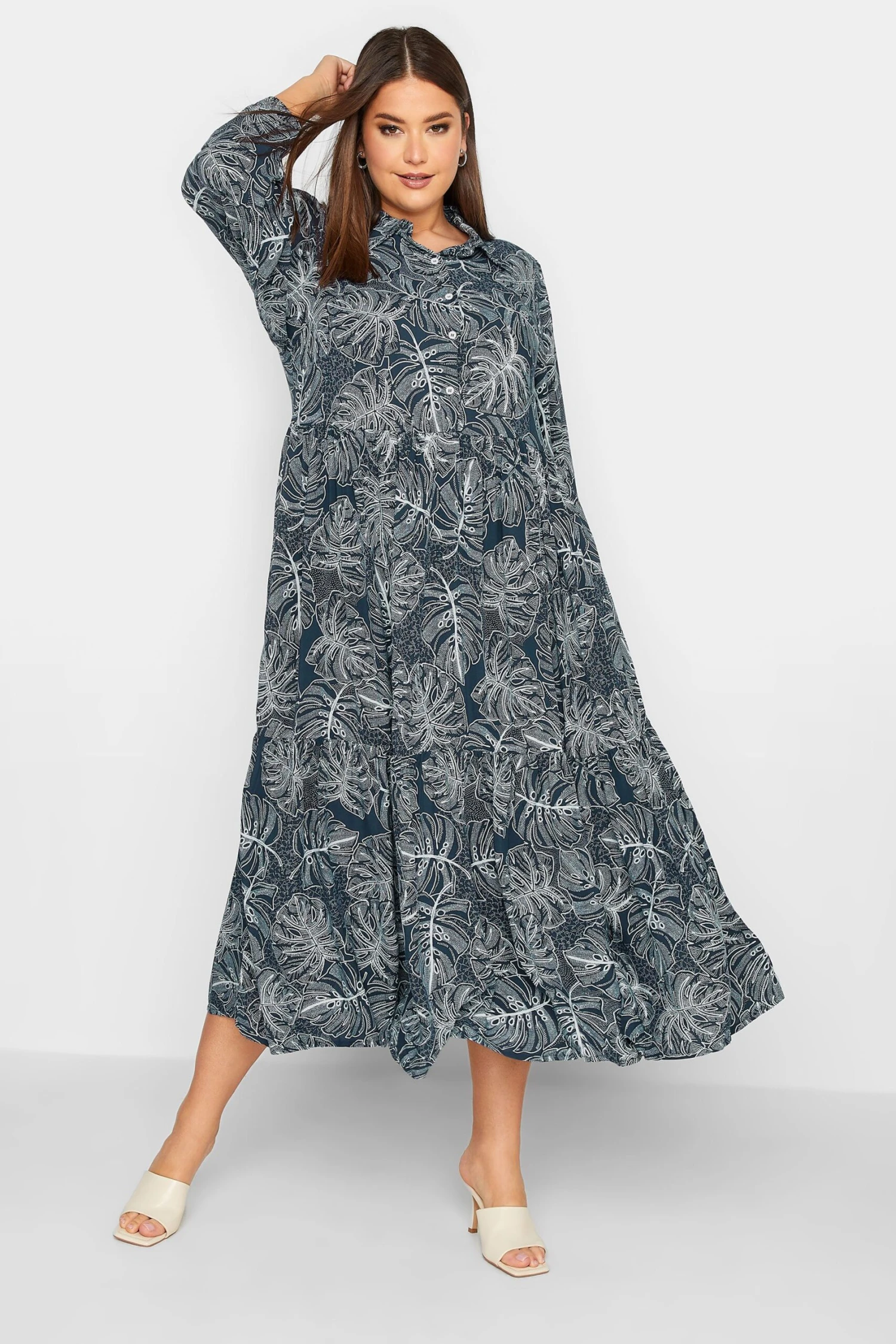 YOURS Curve Navy Blue Leaf Print Tiered Shirt Dress 1 YOURS Curve Navy Blue Leaf Print Tiered Shirt Dress