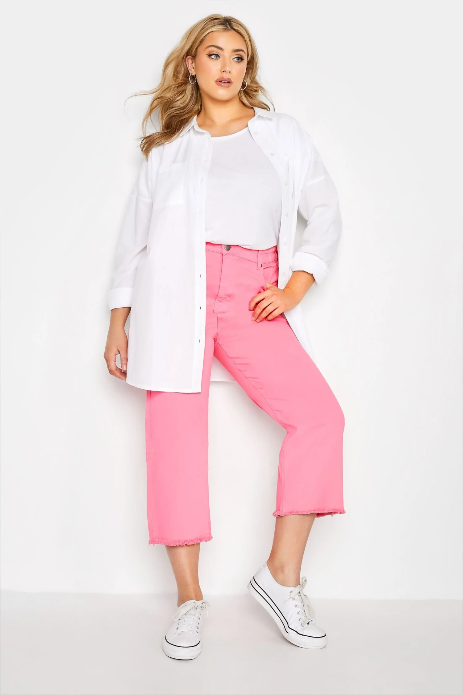 YOURS Curve Pink Stretch Wide Leg Cropped Jeans 2 YOURS Curve Pink Stretch Wide Leg Cropped Jeans - Image 2