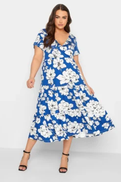 YOURS Curve Cobalt Blue Floral V-Neck Tiered Wrap Dress