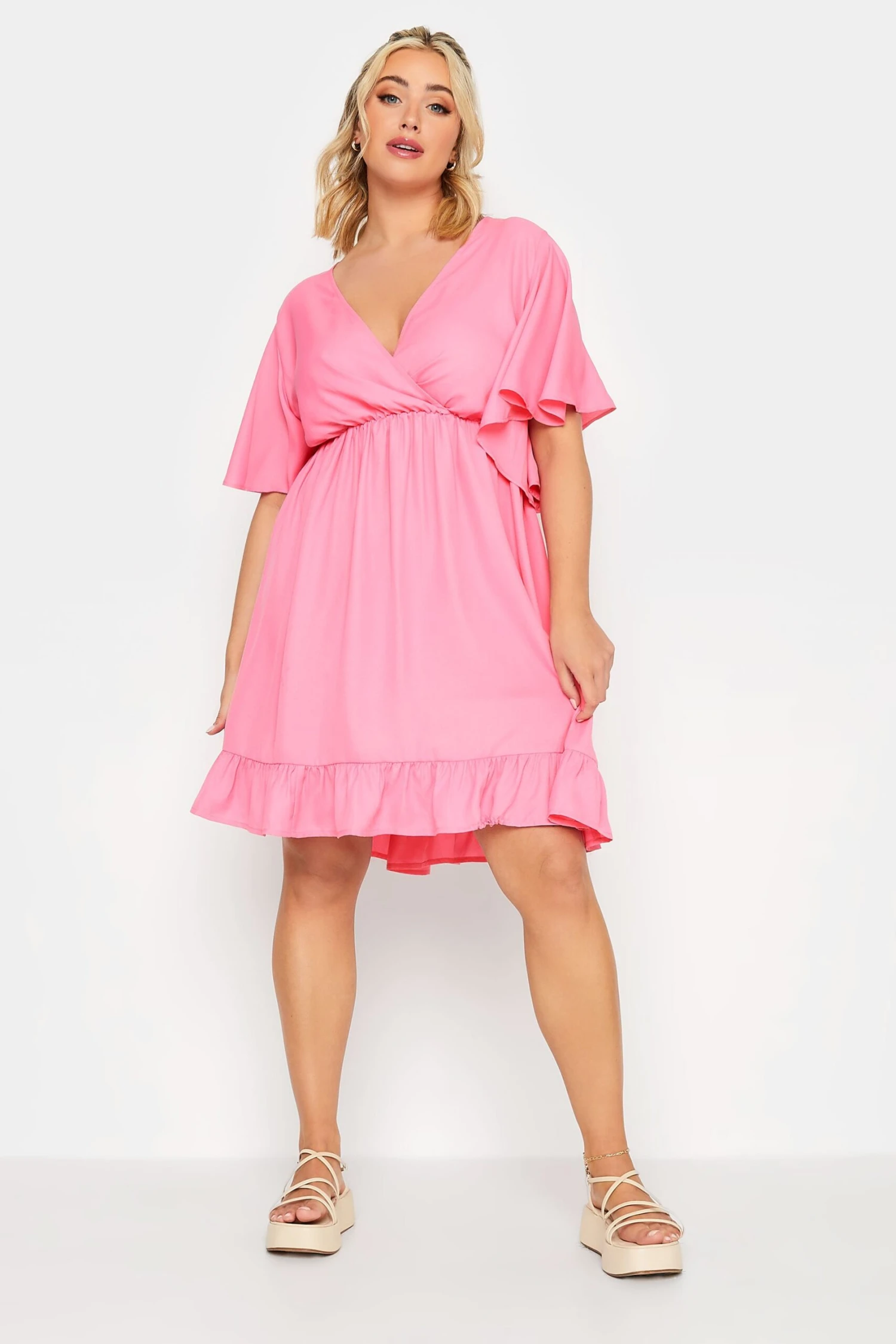 LIMITED COLLECTION Curve Pink Frill Sleeve Wrap Tunic Dress 2 LIMITED COLLECTION Curve Pink Frill Sleeve Wrap Tunic Dress - Image 2