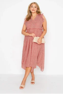 YOURS Curve Coral Pink Polka Dot Print Hanky Hem Dress