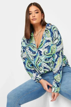 YOURS Curve Navy Blue Paisley Print Long Sleeve Shirt